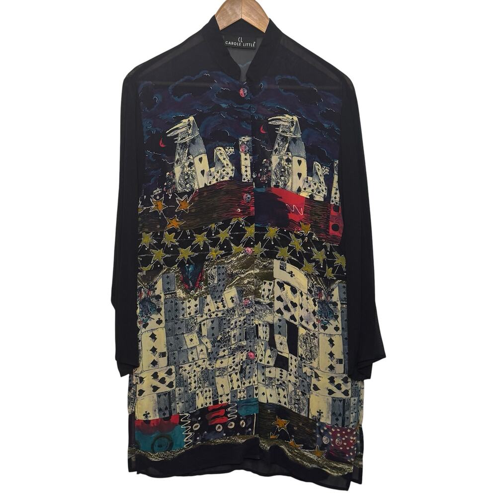Vtg Carole Little Chiffon Stars House of Cards Print Long Blouse